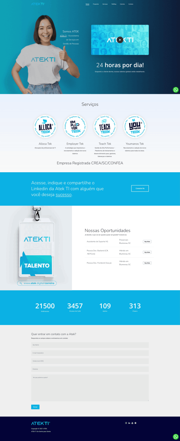 Captura de tela do site Atek, mostrando a página inicial com informações sobre tecnologia e gestão de pessoas