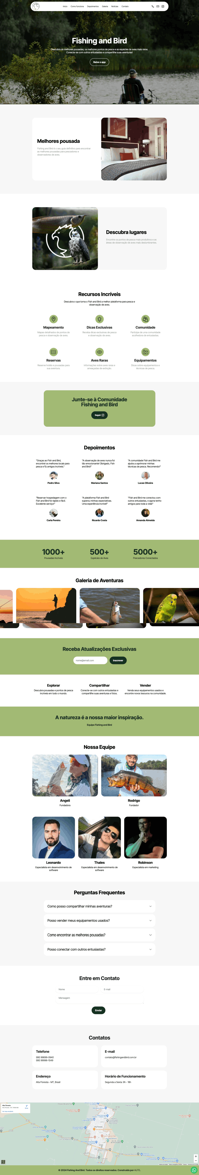 Captura de tela do site Fishing and Bird, mostrando a página inicial com informações sobre pesca e observação de pássaros