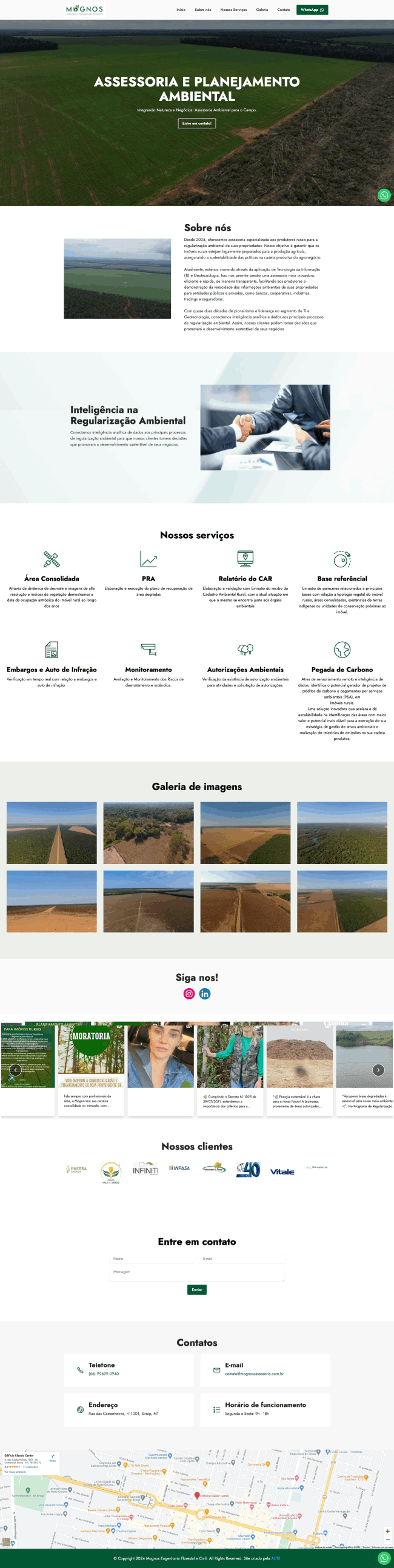 Captura de tela do site Mognos, mostrando a página inicial com informações sobre assessoria e planejamento ambiental