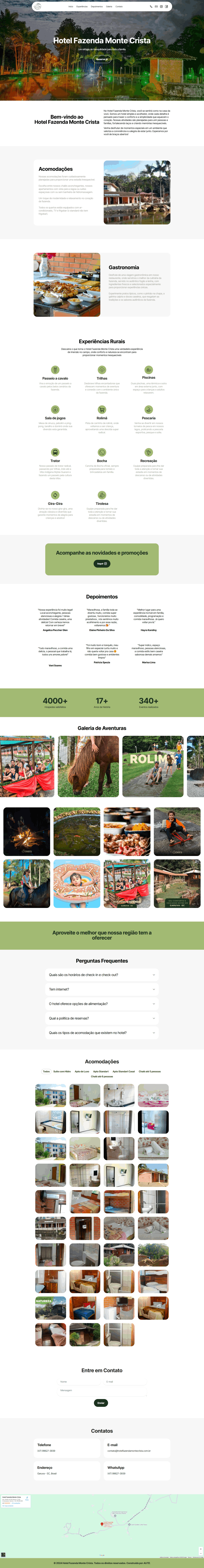 Captura de tela do site Hotel Fazenda Montecrista, mostrando a página inicial com informações sobre hospedagem e lazer