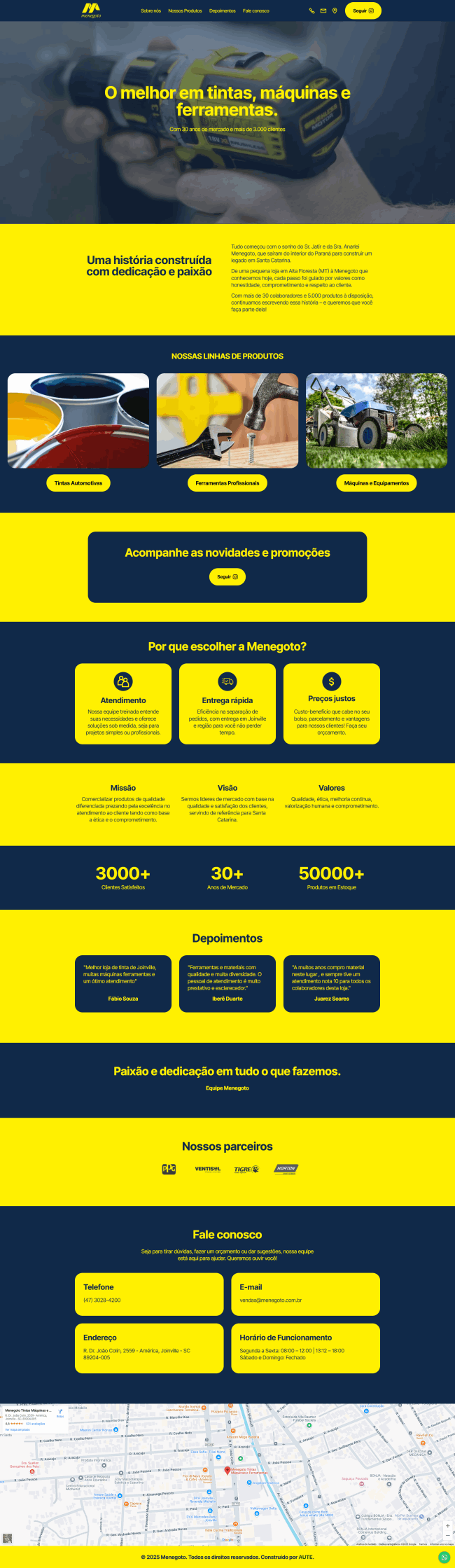 Captura de tela do site Menegoto, mostrando a página inicial com produtos e serviços